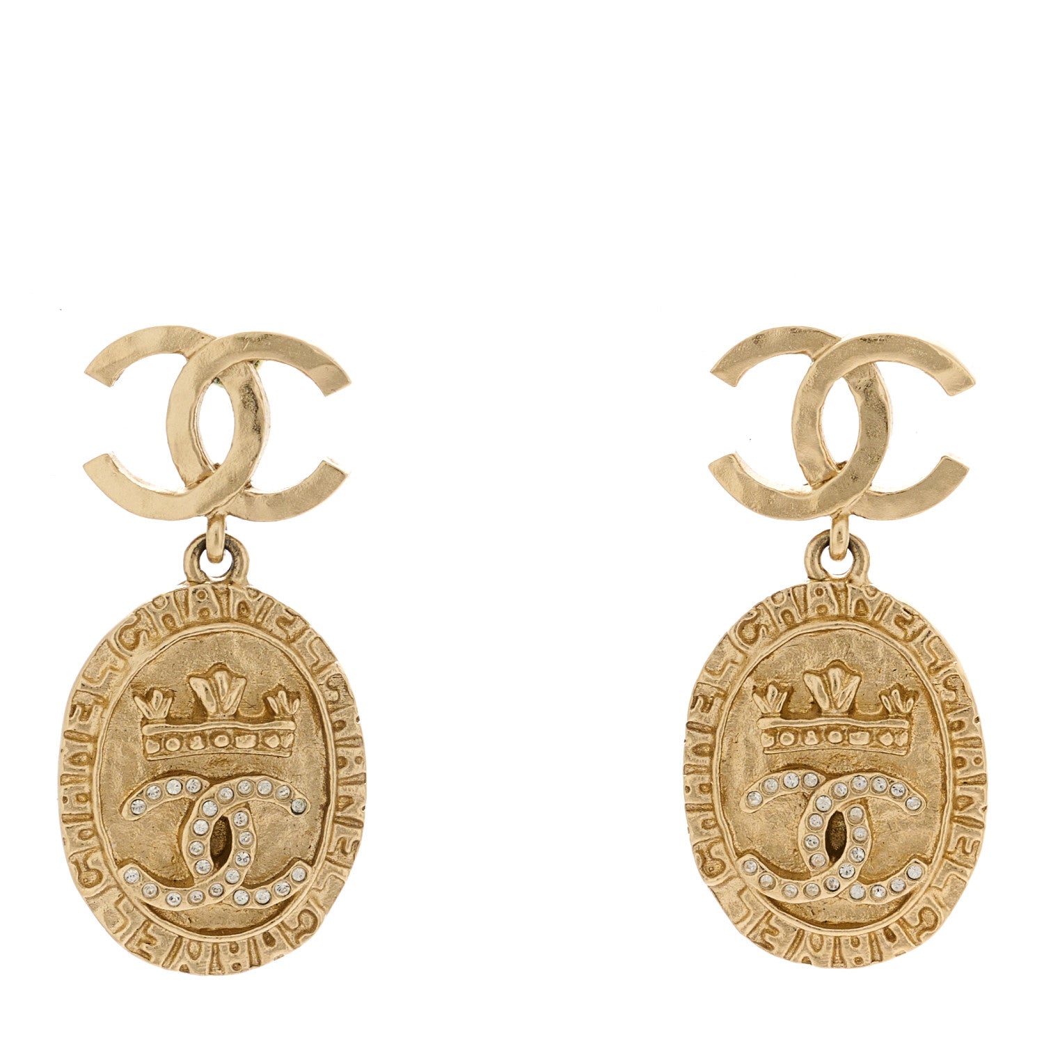 Chanel Crystal Crown CC Drop Earrings Gold 1 of 5