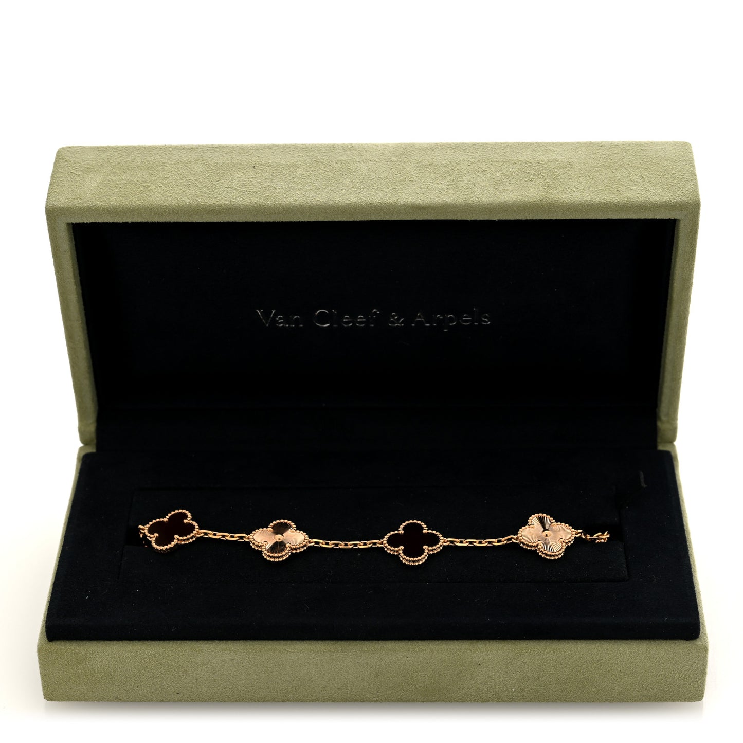 18K Rose Gold Carnelian 5 Motifs Guilloche Vintage Alhambra Bracelet