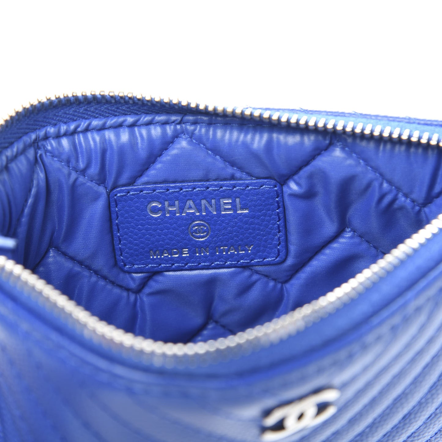 Caviar Chevron Quilted Small Cosmetic Case Blue