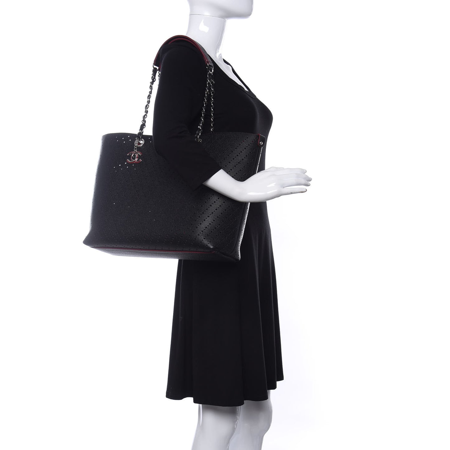 Perforated Grained Calfskin Large Shopping Tote Black