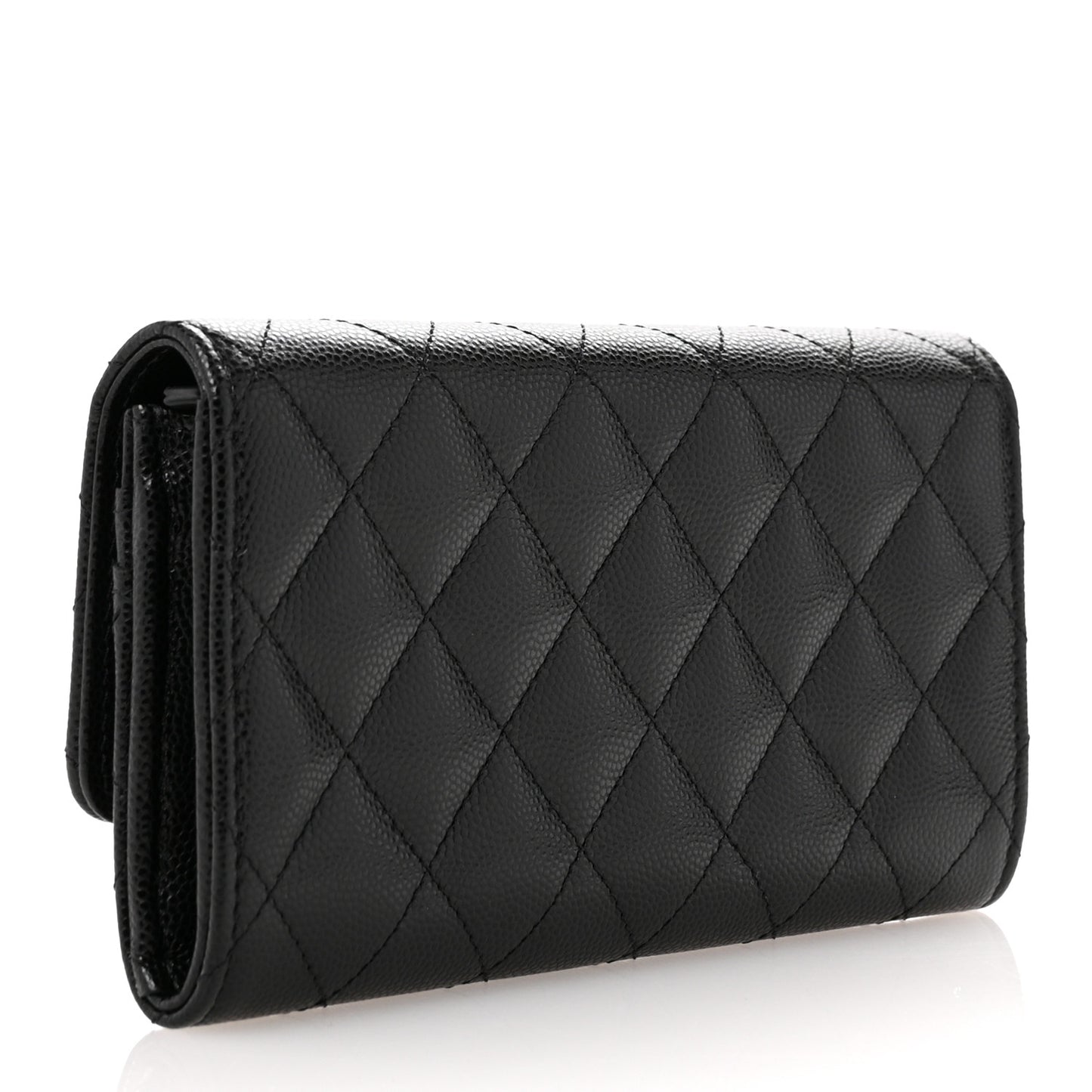 Caviar Quilted Crystal CC Large Gusset Flap Wallet Black
