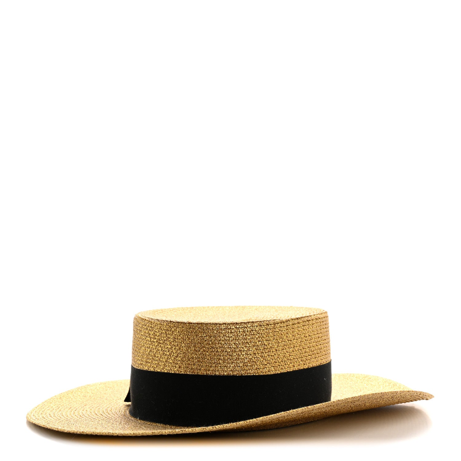 Gucci Glittered Straw Grosgrain Wide Brim Hat XS Gold Black 1 of 11