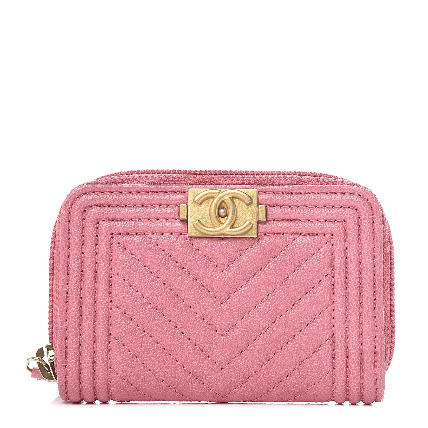 Chanel Caviar Chevron Quilted Boy Zip Around Coin Purse Wallet Dark Pink 1 of 8