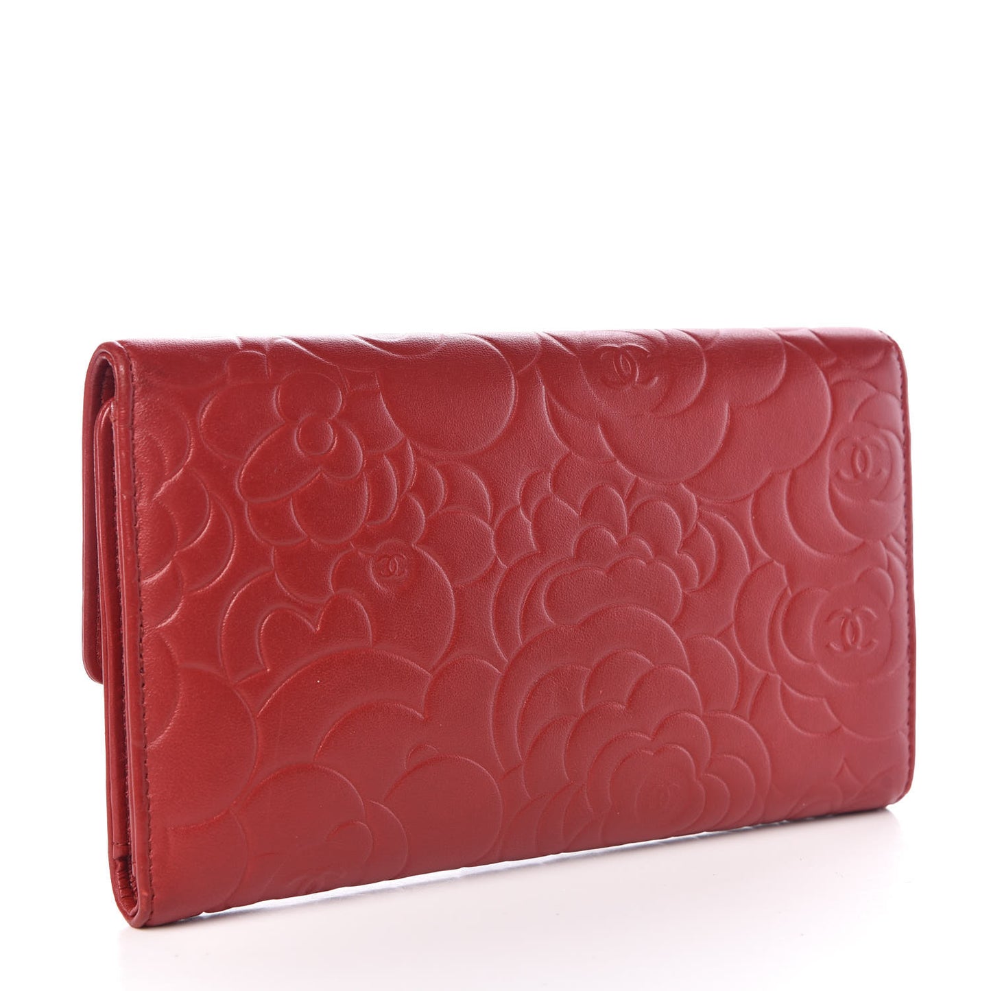 Lambskin Embossed Camellia Large Gusset Flap Wallet Red