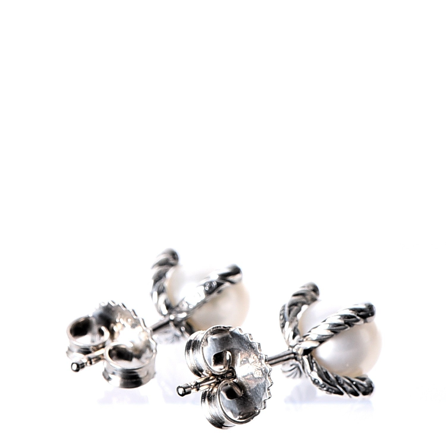 David Yurman Sterling Silver Diamond Pearl 7mm Earrings 3 of 6