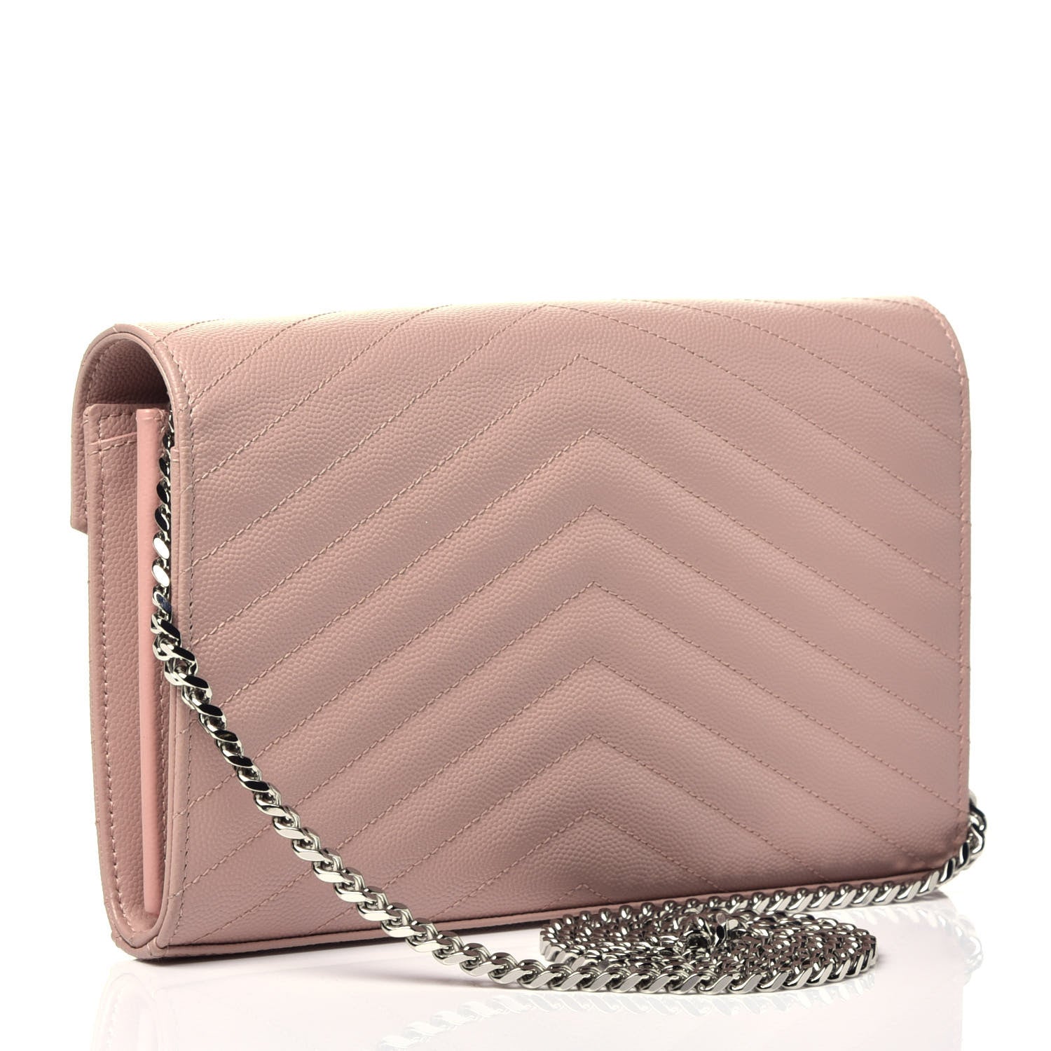Saint Laurent Grain De Poudre Matelasse Chevron Monogram Chain Wallet Washed Light Pink 3 of 8