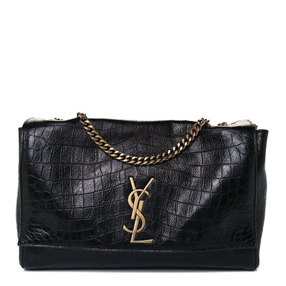 Saint Laurent Calfskin Crocodile Embossed Suede Medium Reversible Monogram Kate Satchel Military Taupe 1 of 17