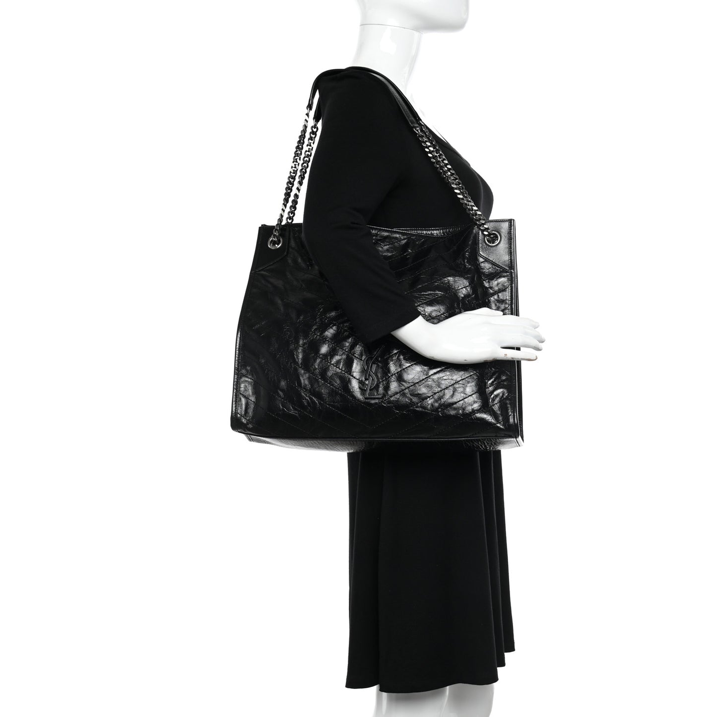 Crinkled Calfskin Matelasse Monogram Medium Niki Shopper Tote Black