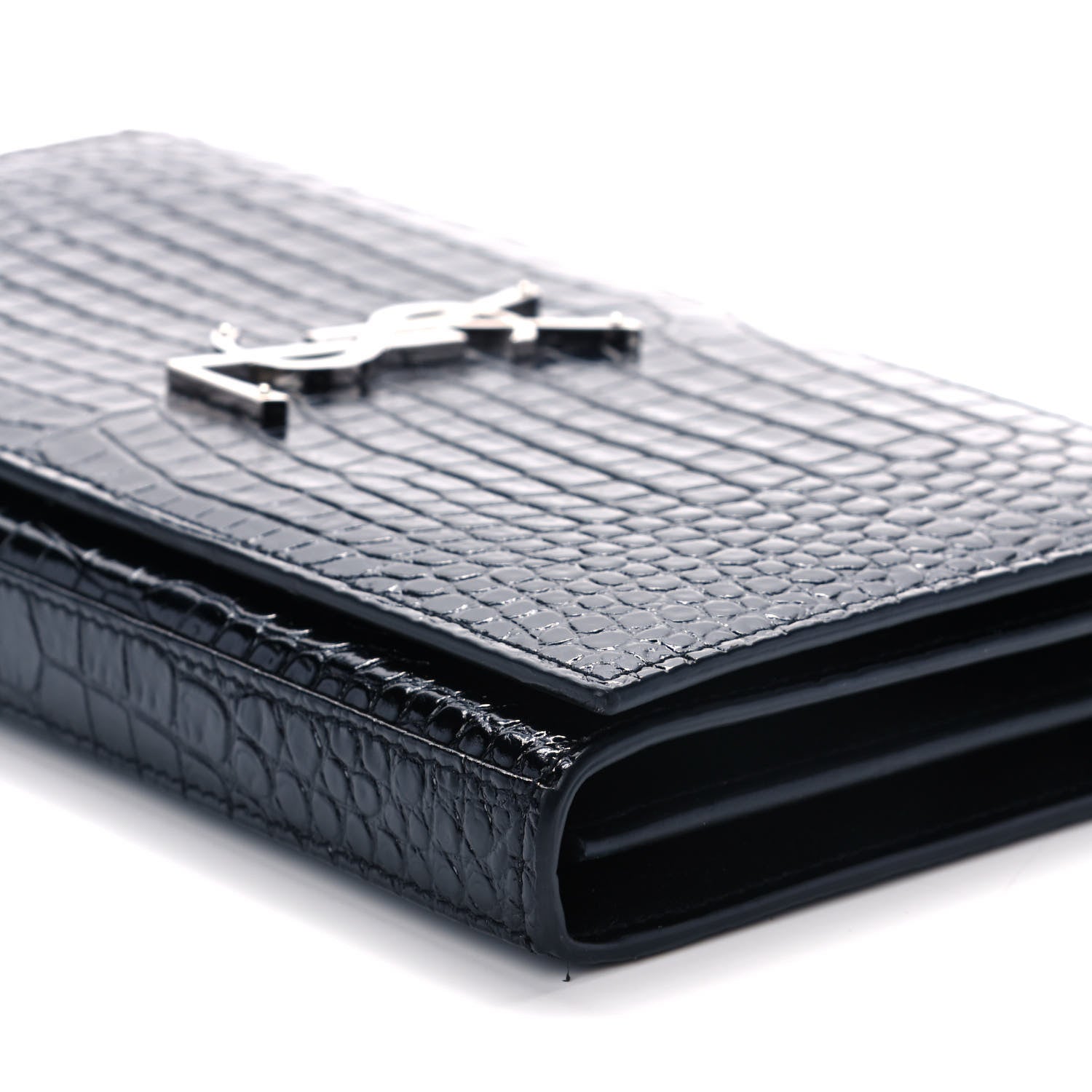 Saint Laurent Calfskin Crocodile Embossed Monogram Chain Wallet Black 16 of 18