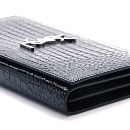 Saint Laurent Calfskin Crocodile Embossed Monogram Chain Wallet Black 16 of 18