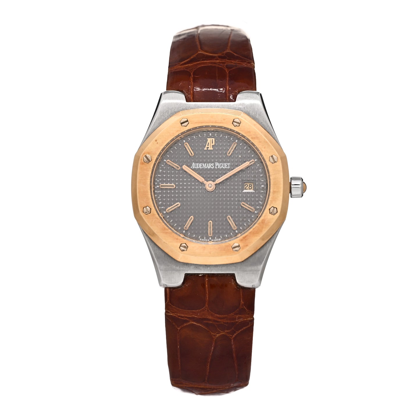 Stainless Steel 18K Yellow Gold Alligator 28mm Royal Oak Quartz Watch Grey 66800SA