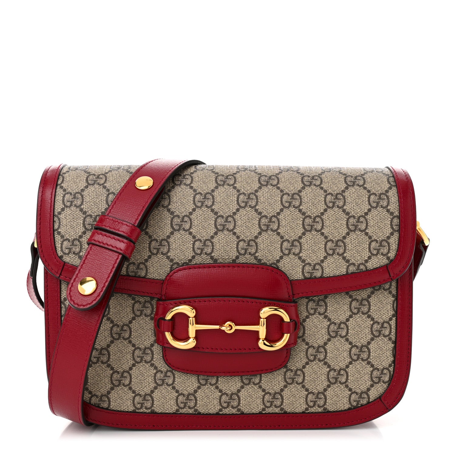 Gucci GG Supreme Monogram Azalea Calfskin Horsebit 1955 Shoulder Bag Beige Ebony New Cherry Red 1 of 10