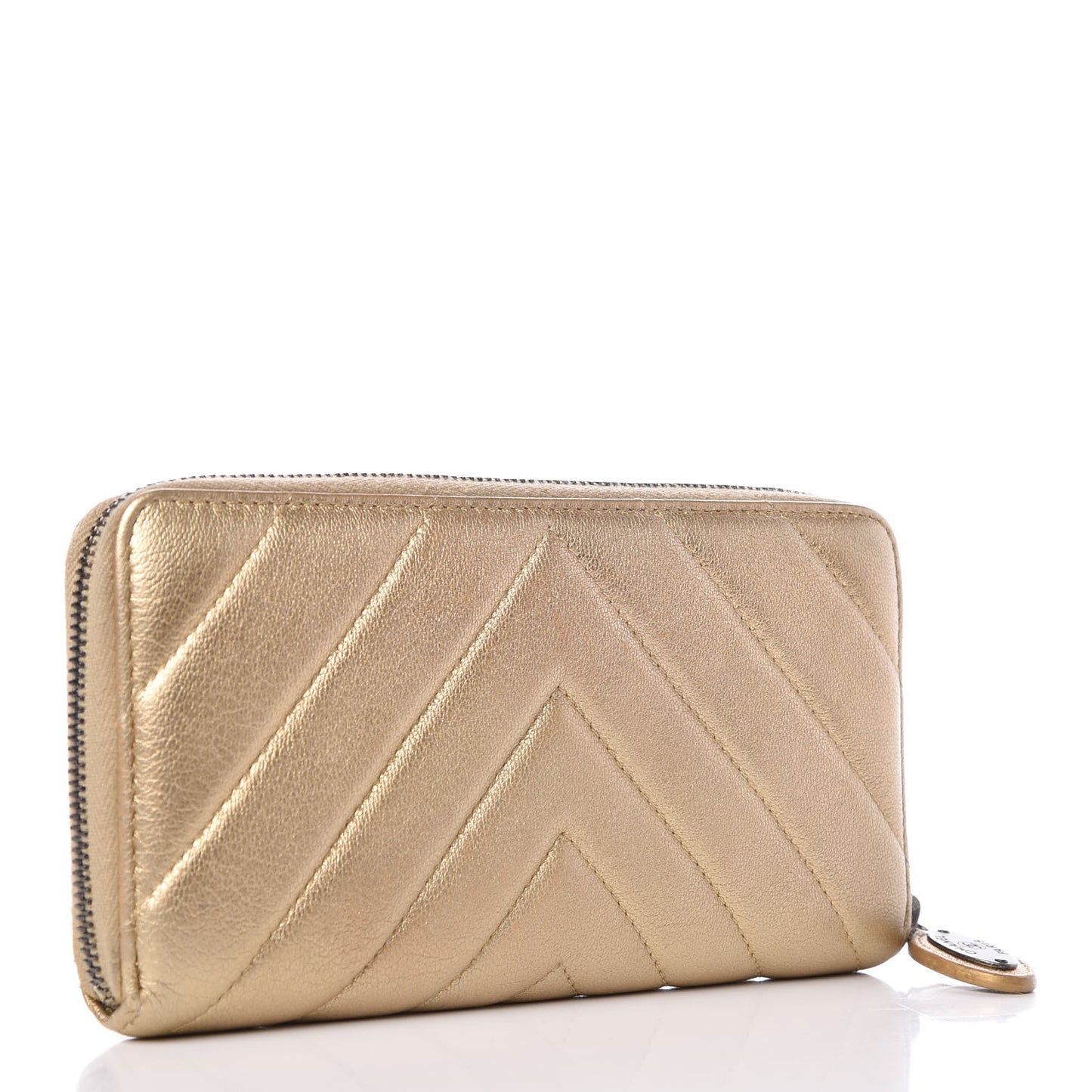 Metallic Calfskin Chevron Quilted Small Zip Around Wallet Gold