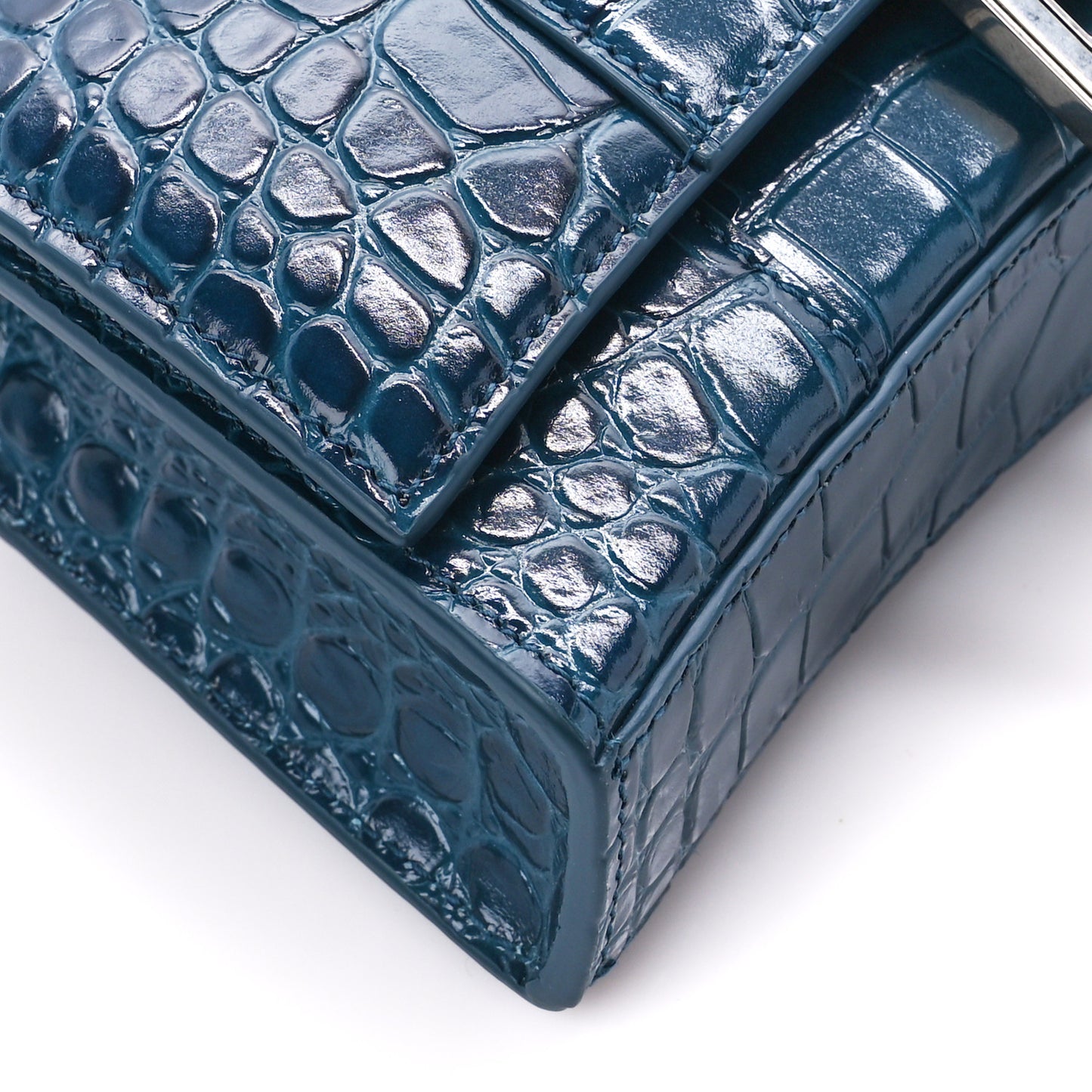 Shiny Calfskin Crocodile Embossed Hourglass Chain Bag Dark Petrol Blue