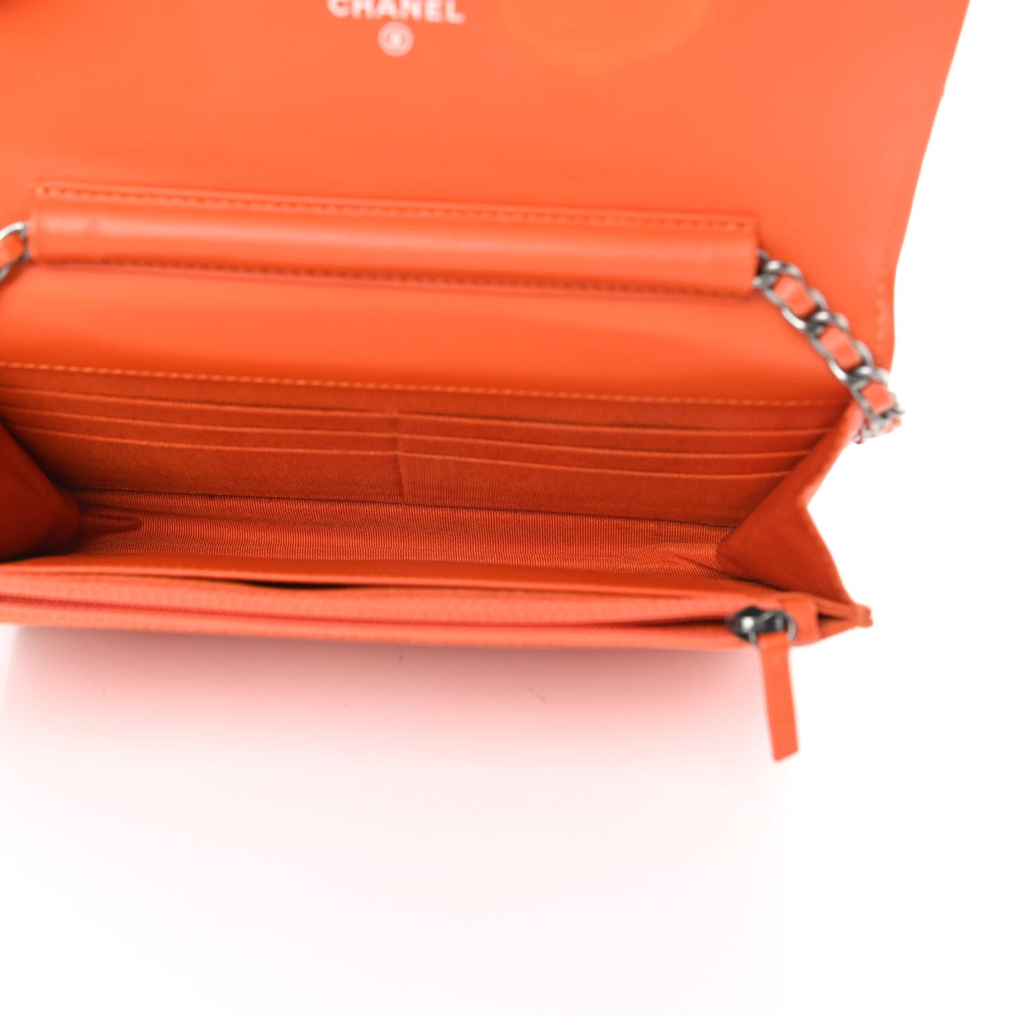 Distressed Patent Calfskin Quilted Wallet On Chain WOC Orange