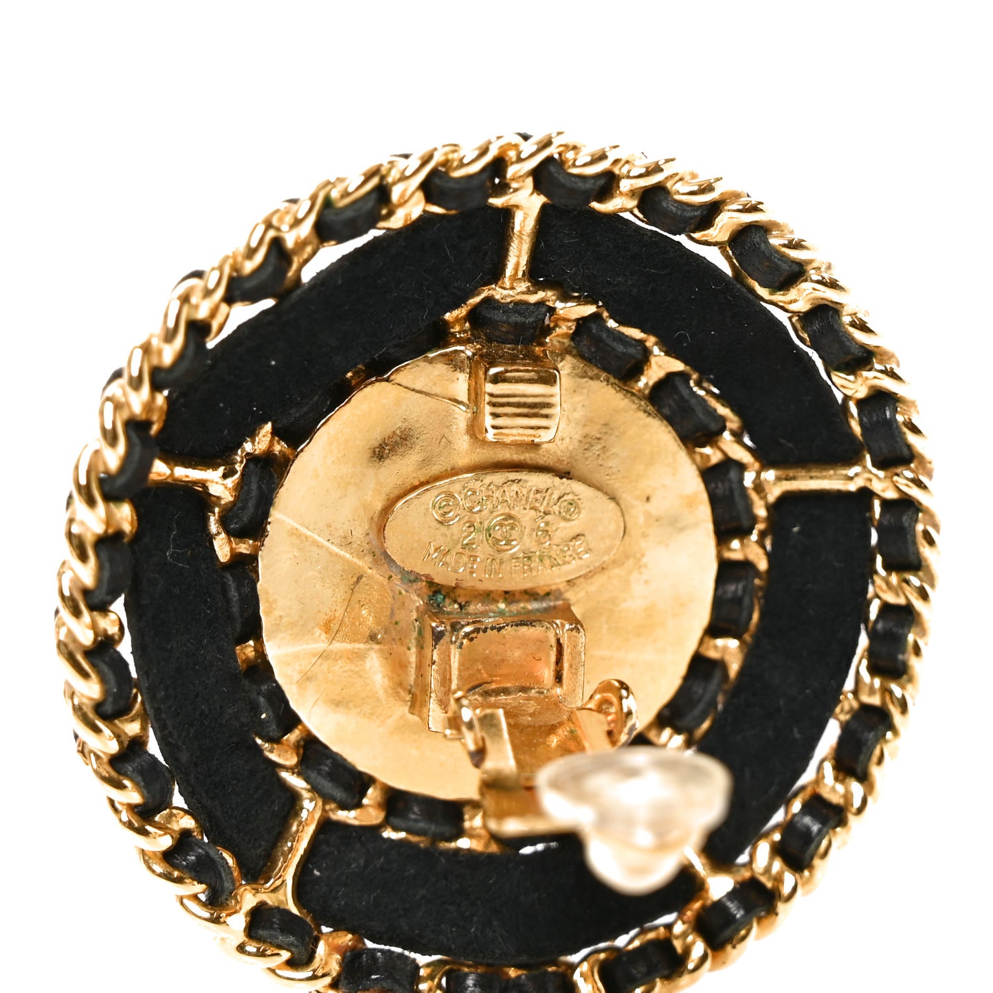 Lambskin Lambskin Pearl Round Clip On Earrings Gold Black