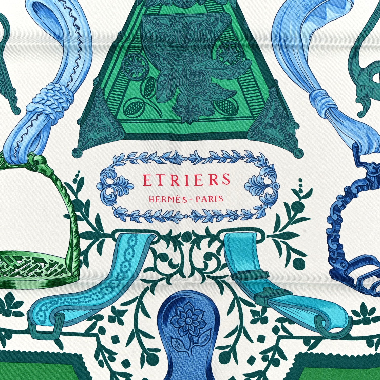 Hermes Silk Etriers Scarf 90 Vert White Turquoise 2 of 4