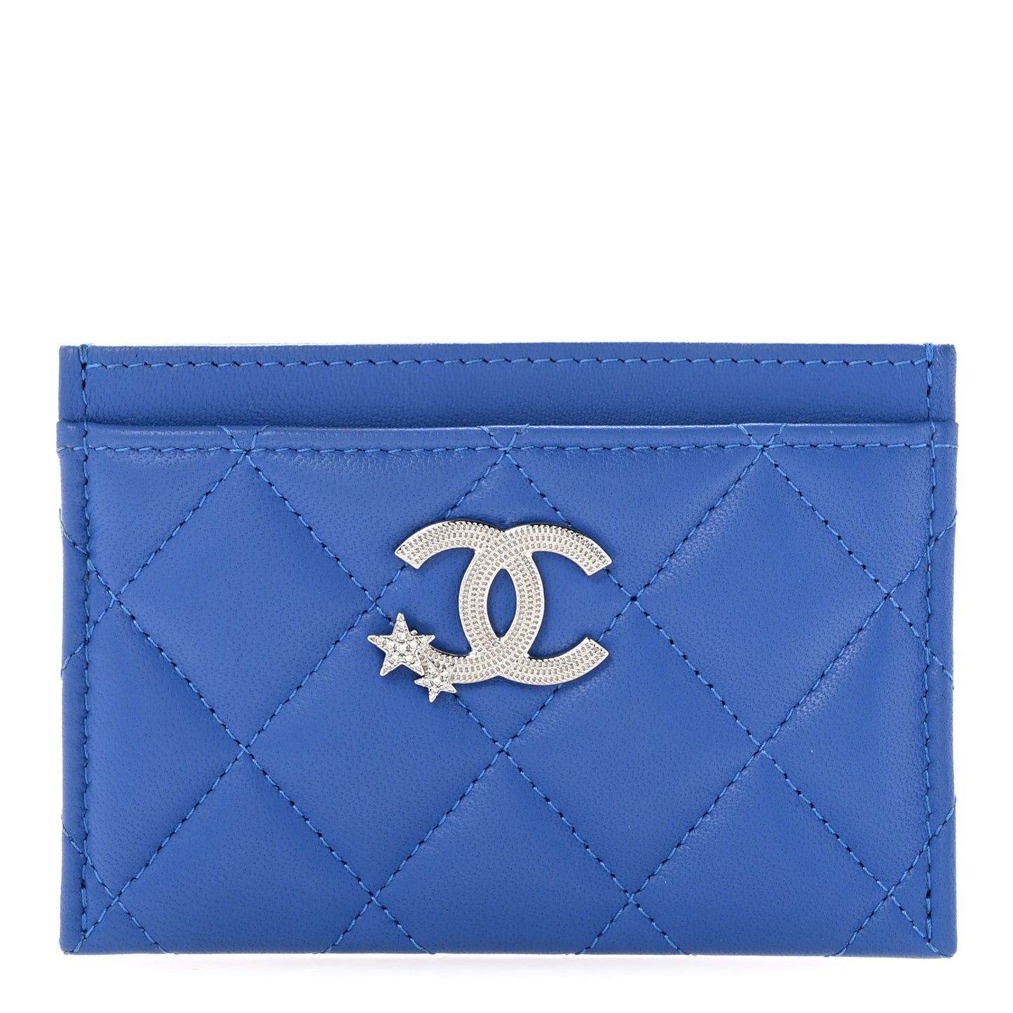 Lambskin Quilted Crystal Star Card Holder Blue
