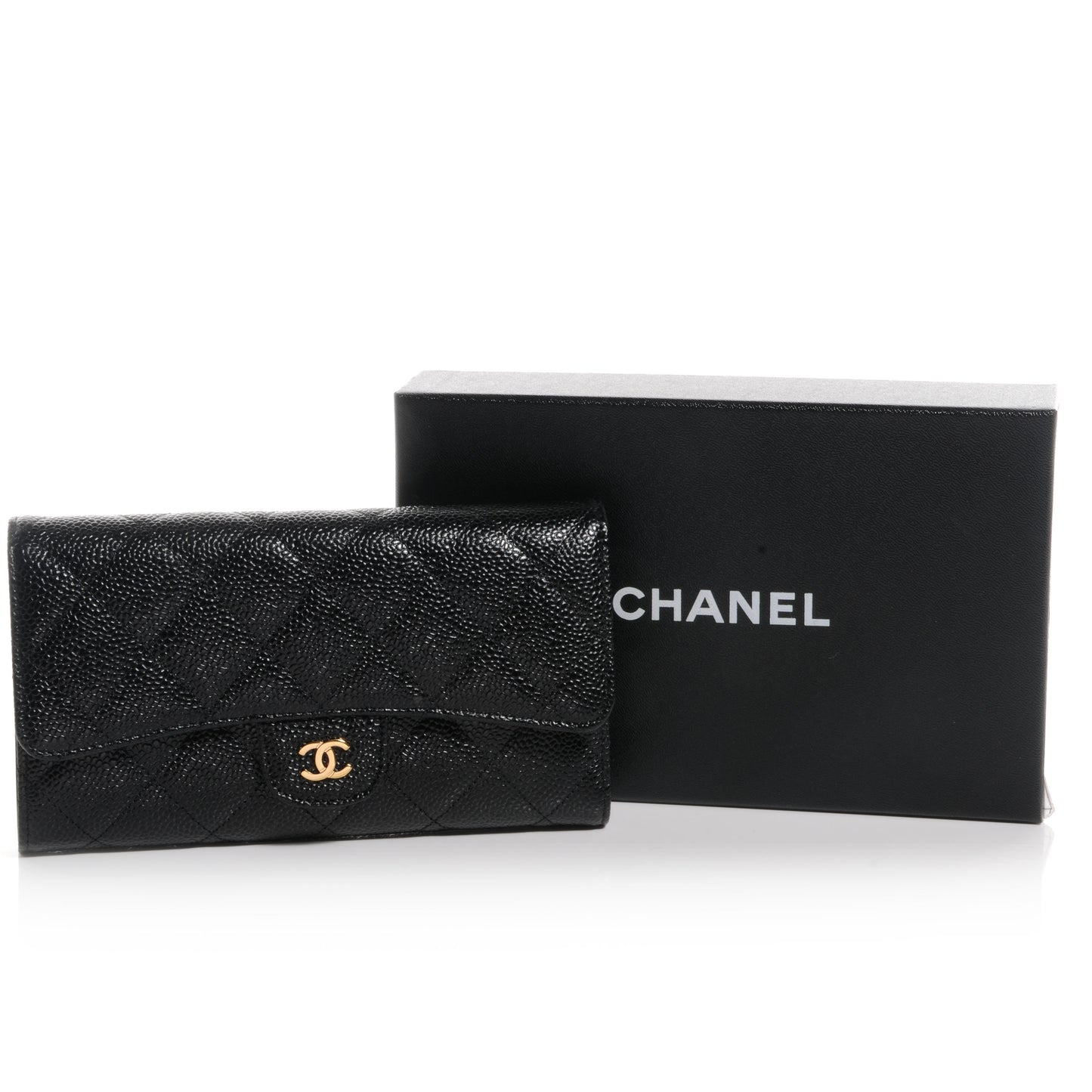 Caviar Quilted Long Flap Wallet Black
