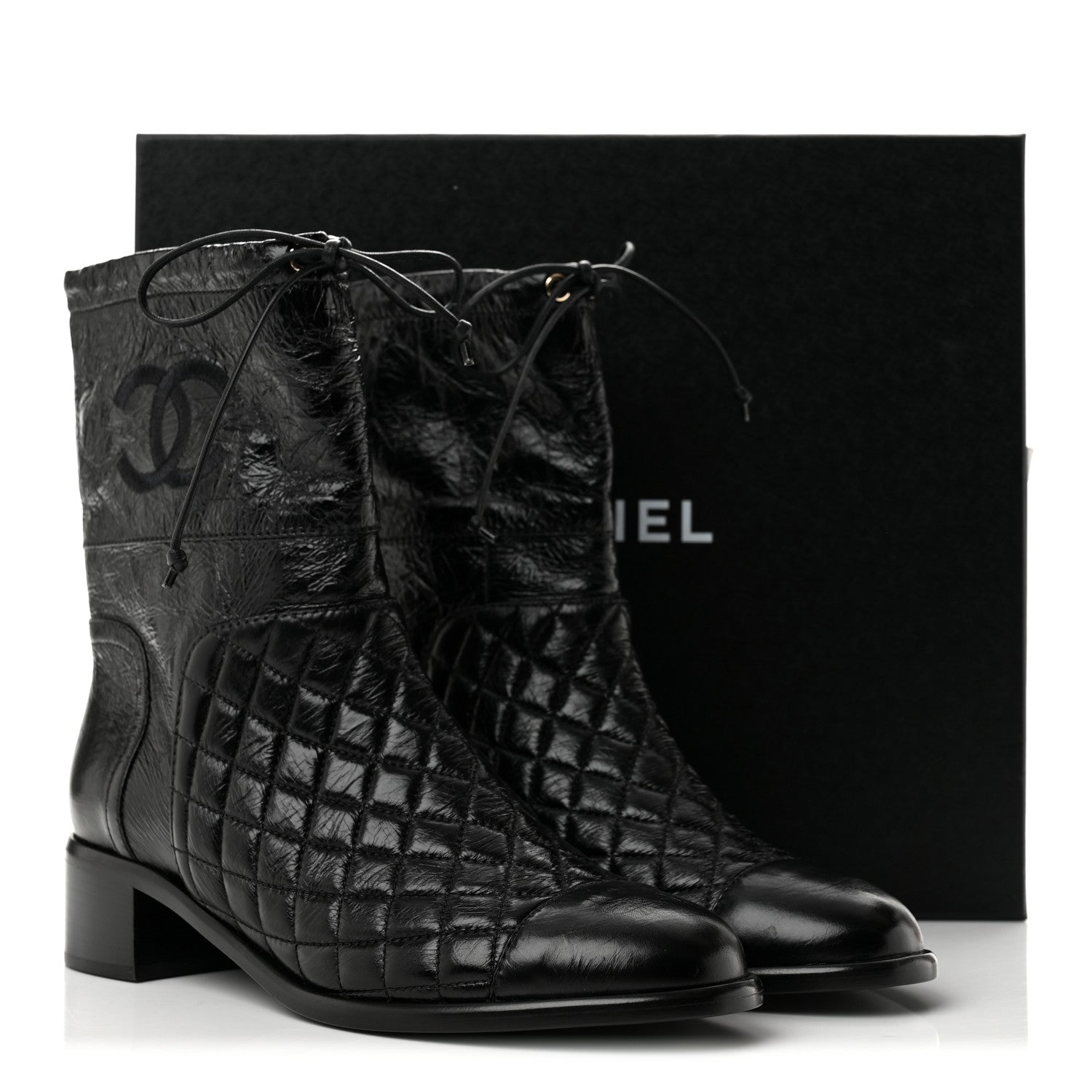 Chanel Crumpled Calfskin Quilted Cap Toe Short Boots 38 Black