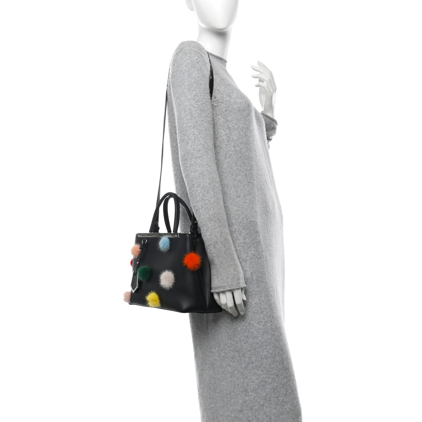 Vitello Dolce Mink Fur Pom Pom Petite 2Jours Tote Black Multicolor