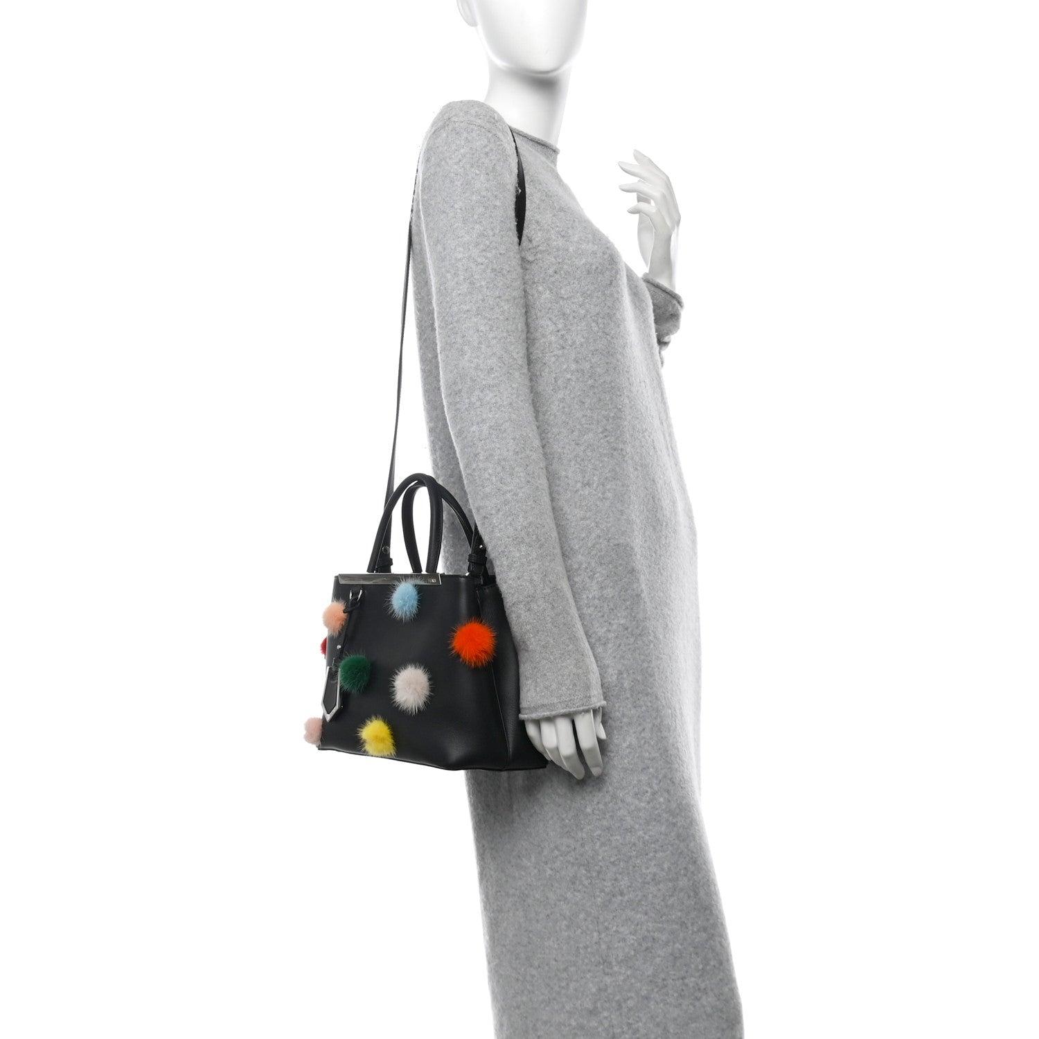 Fendi Vitello Dolce Mink Fur Pom Pom Petite 2Jours Tote Black Multicolor 2 of 9