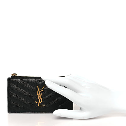 Saint Laurent Grain De Poudre Matelasse Chevron Monogram Fragments Zippered Card Case Black 2 of 8