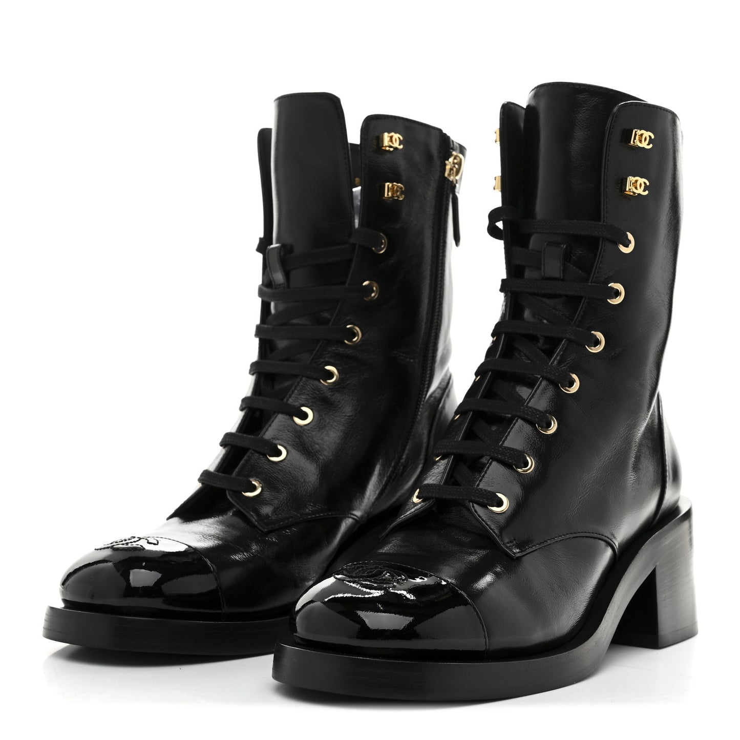 Shiny Calfskin Patent Cap Toe Lace Up Combat Boots 39 Black