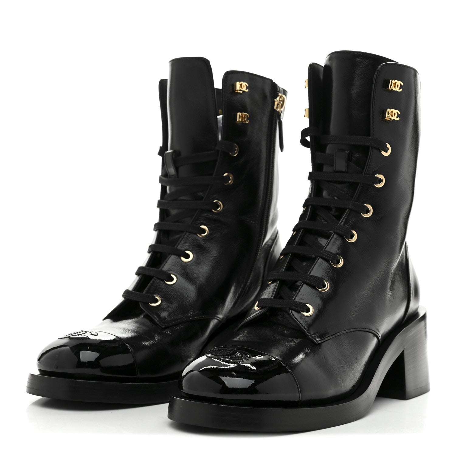 Chanel Shiny Calfskin Patent Cap Toe Lace Up Combat Boots 39 Black 4 of 9