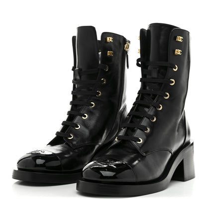 Chanel Shiny Calfskin Patent Cap Toe Lace Up Combat Boots 39 Black 4 of 9
