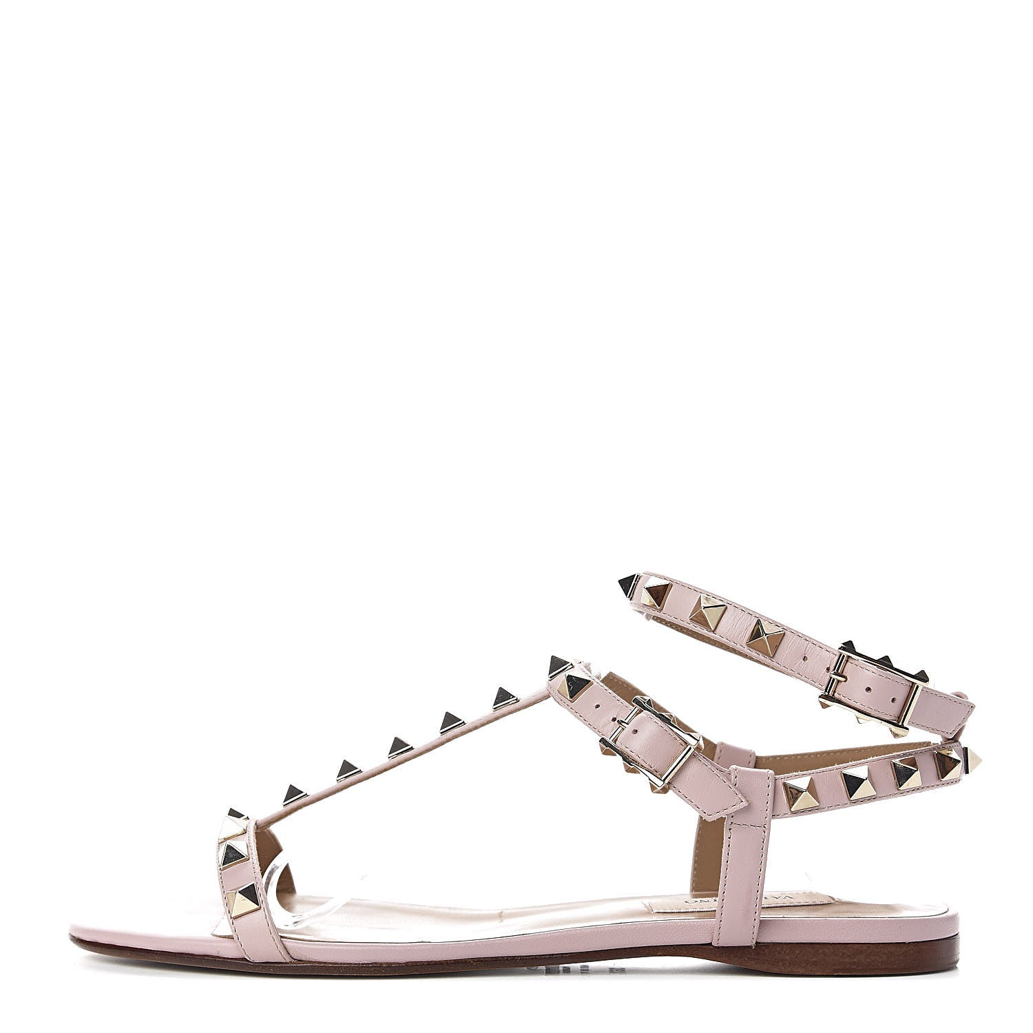 Valentino Garavani Calfskin Rockstud Ankle T-Strap Flat Sandals 36.5 Water Rose 1 of 8