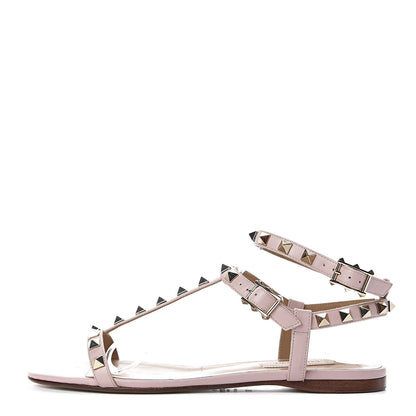 Valentino Garavani Calfskin Rockstud Ankle T-Strap Flat Sandals 36.5 Water Rose 1 of 8