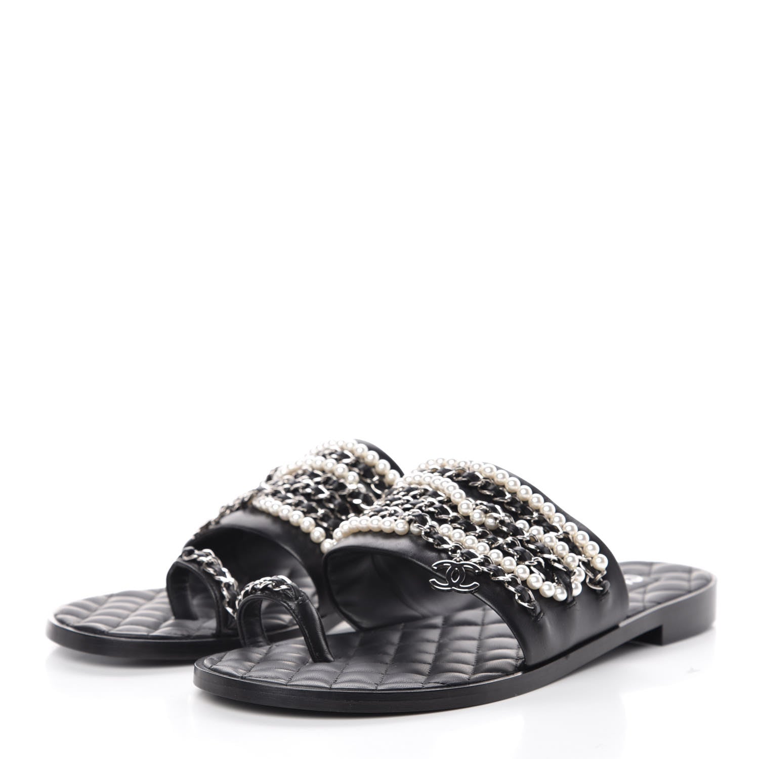 Chanel Pearl Lambskin Chain Flat Sandals 41 Black 3 of 8