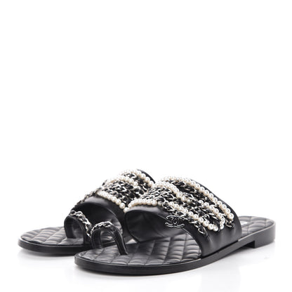 Chanel Pearl Lambskin Chain Flat Sandals 41 Black 3 of 8