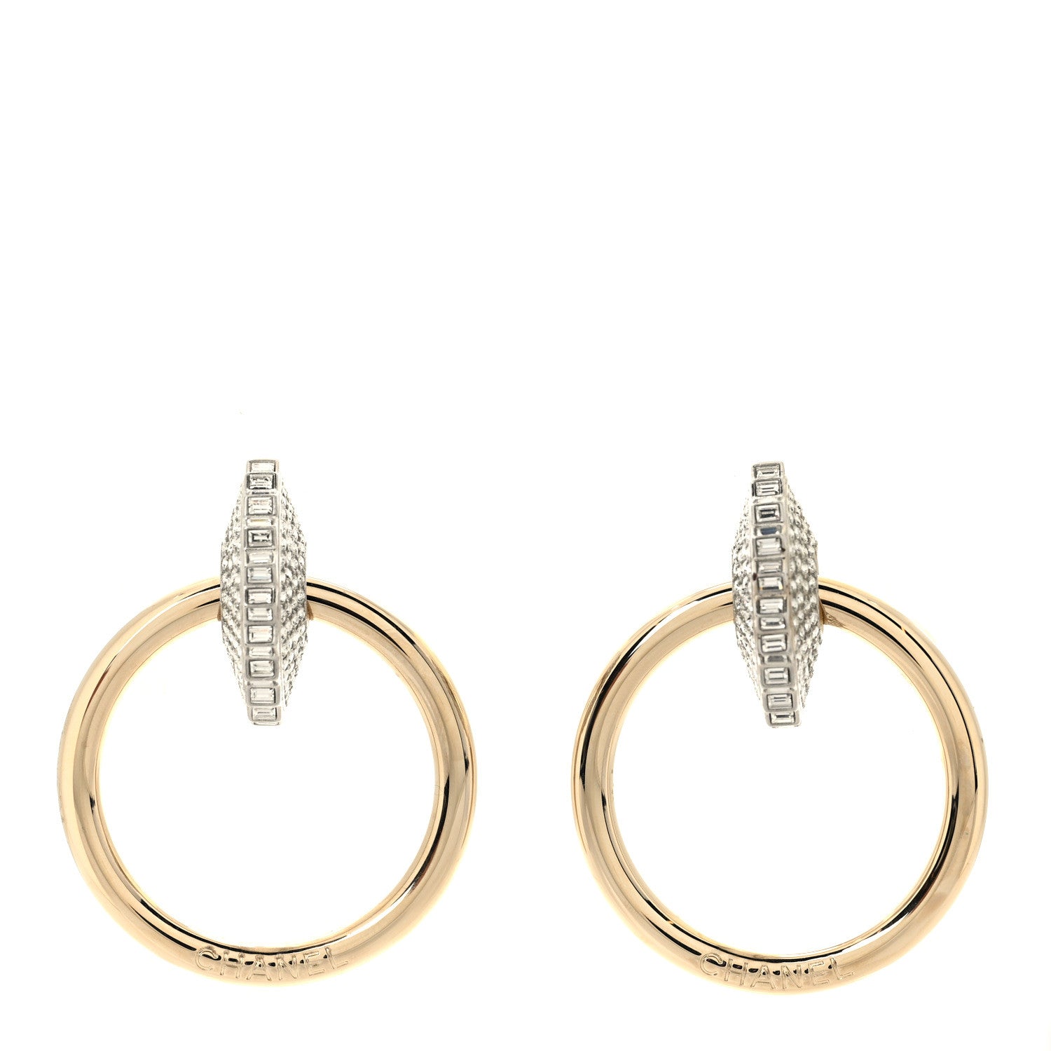 Chanel Baguette Crystal Hoop Clip On Earrings Gold 1 of 5