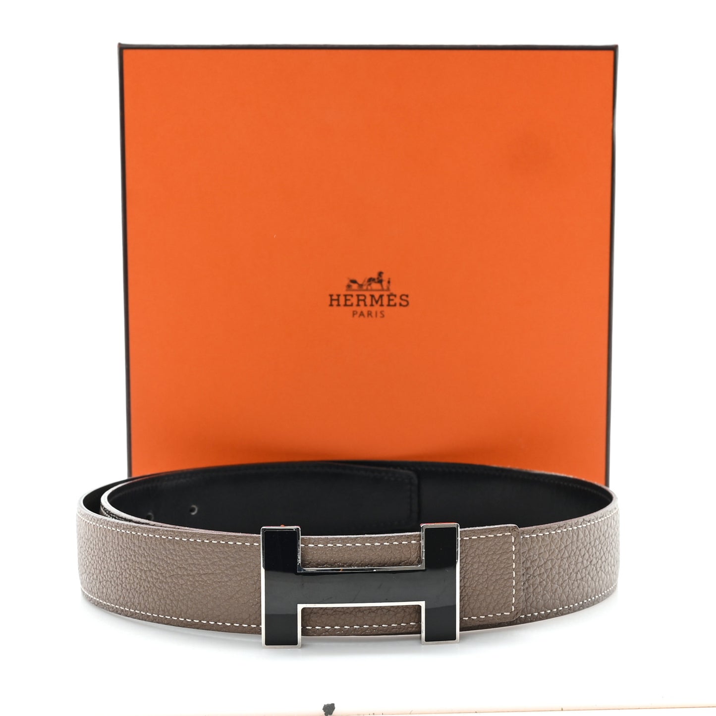 Togo Box 32mm Enamel Quizz H Belt 80 32 Black Etoupe
