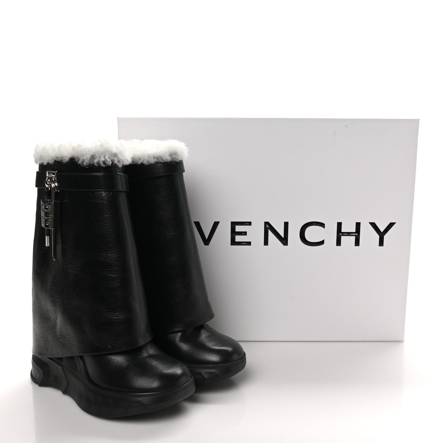 Givenchy Crinkled Calfskin Shearling Shark Lock Biker Ankle Boots 39 Black Natural 8 of 8