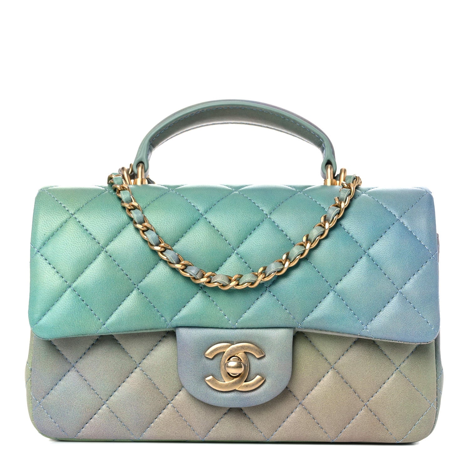 Chanel Lambskin Quilted Ombre Mini Top Handle Rectangular Flap Blue Green 1 of 13