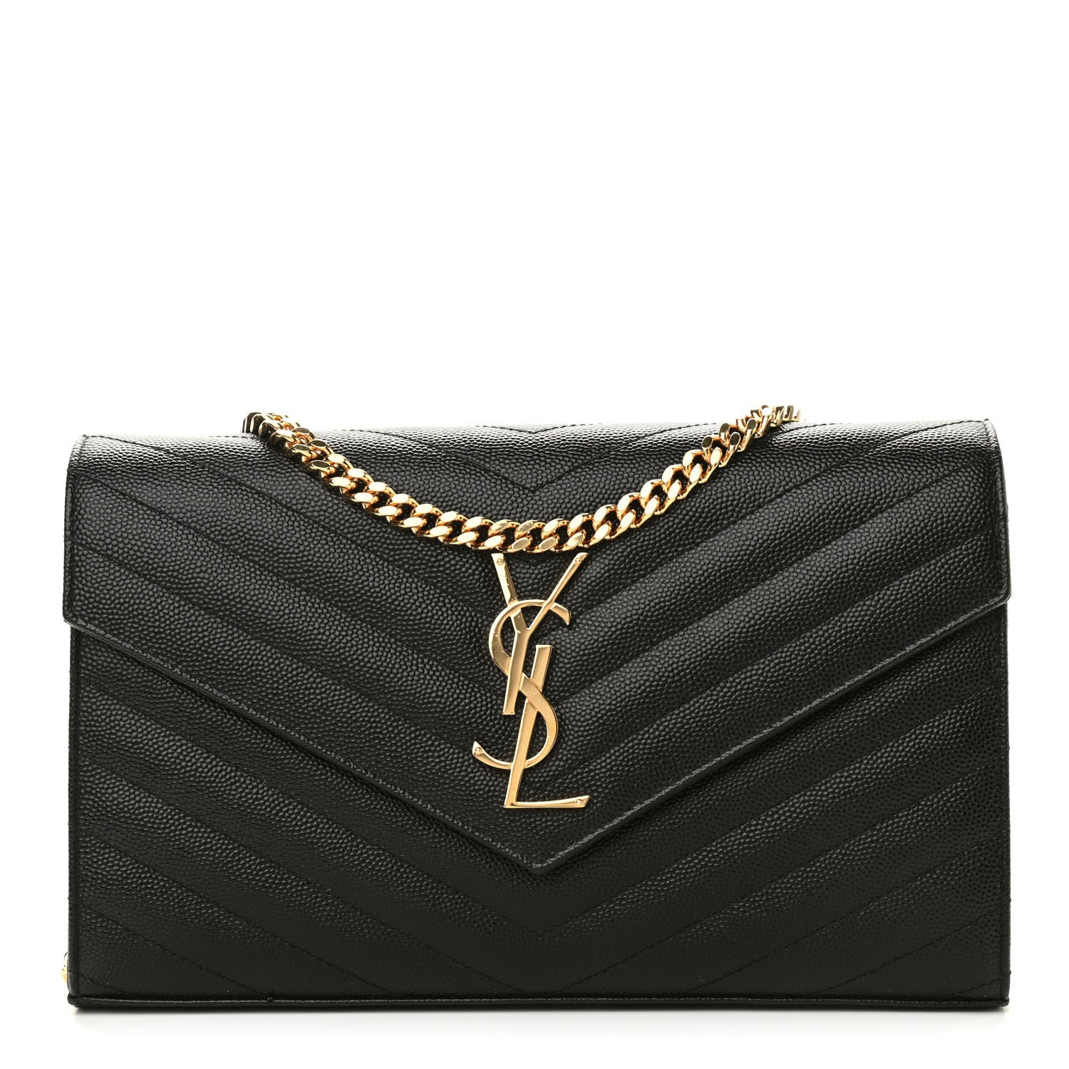 Saint Laurent Grain De Poudre Matelasse Chevron Monogram Chain Wallet Black 1 of 9