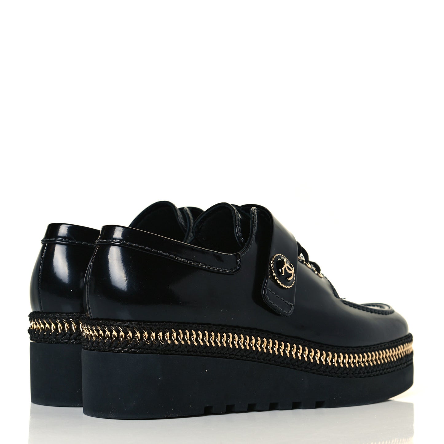 Shiny Calfskin Lace Up Platform Loafers 39 Black