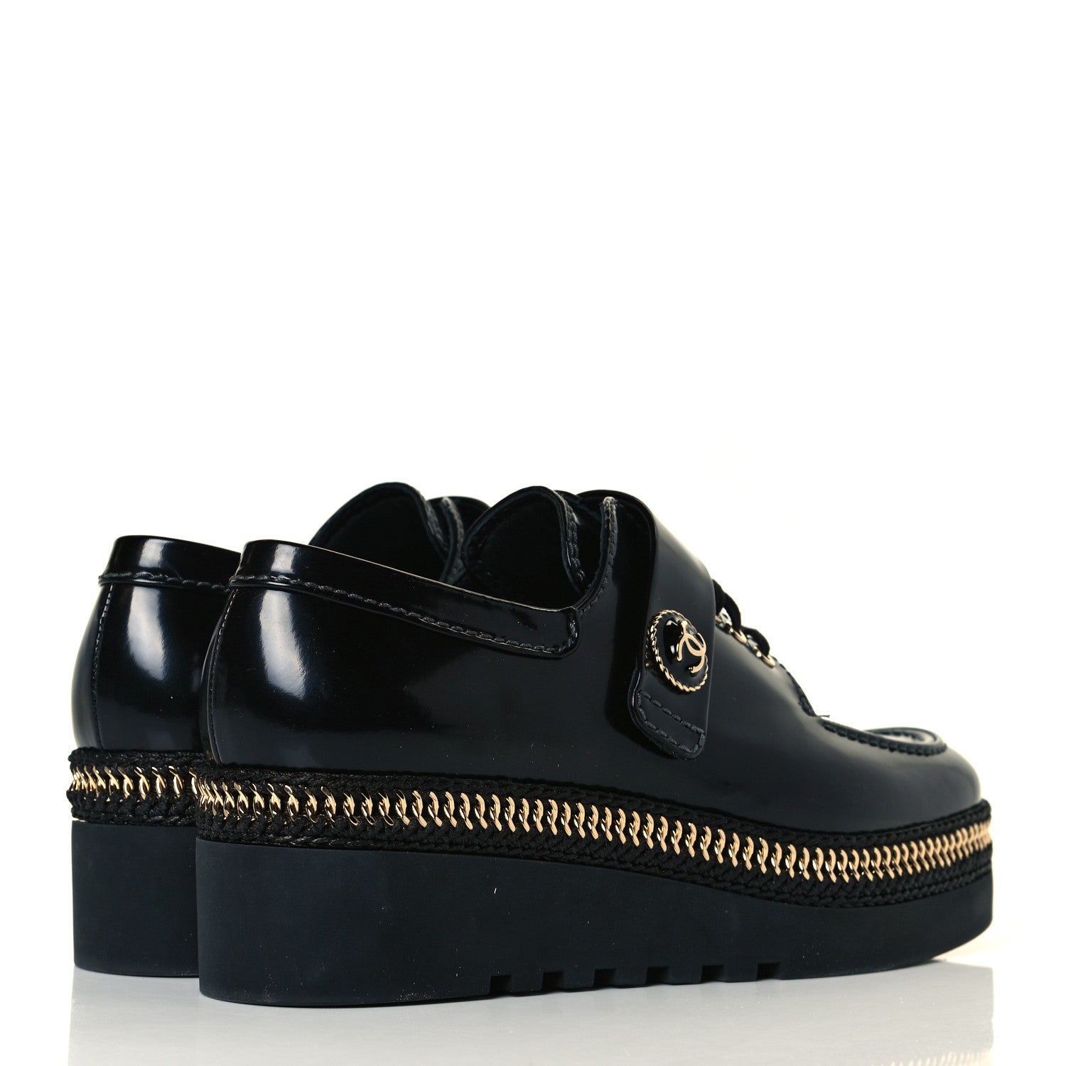 Chanel Shiny Calfskin Lace Up Platform Loafers 39 Black 5 of 8
