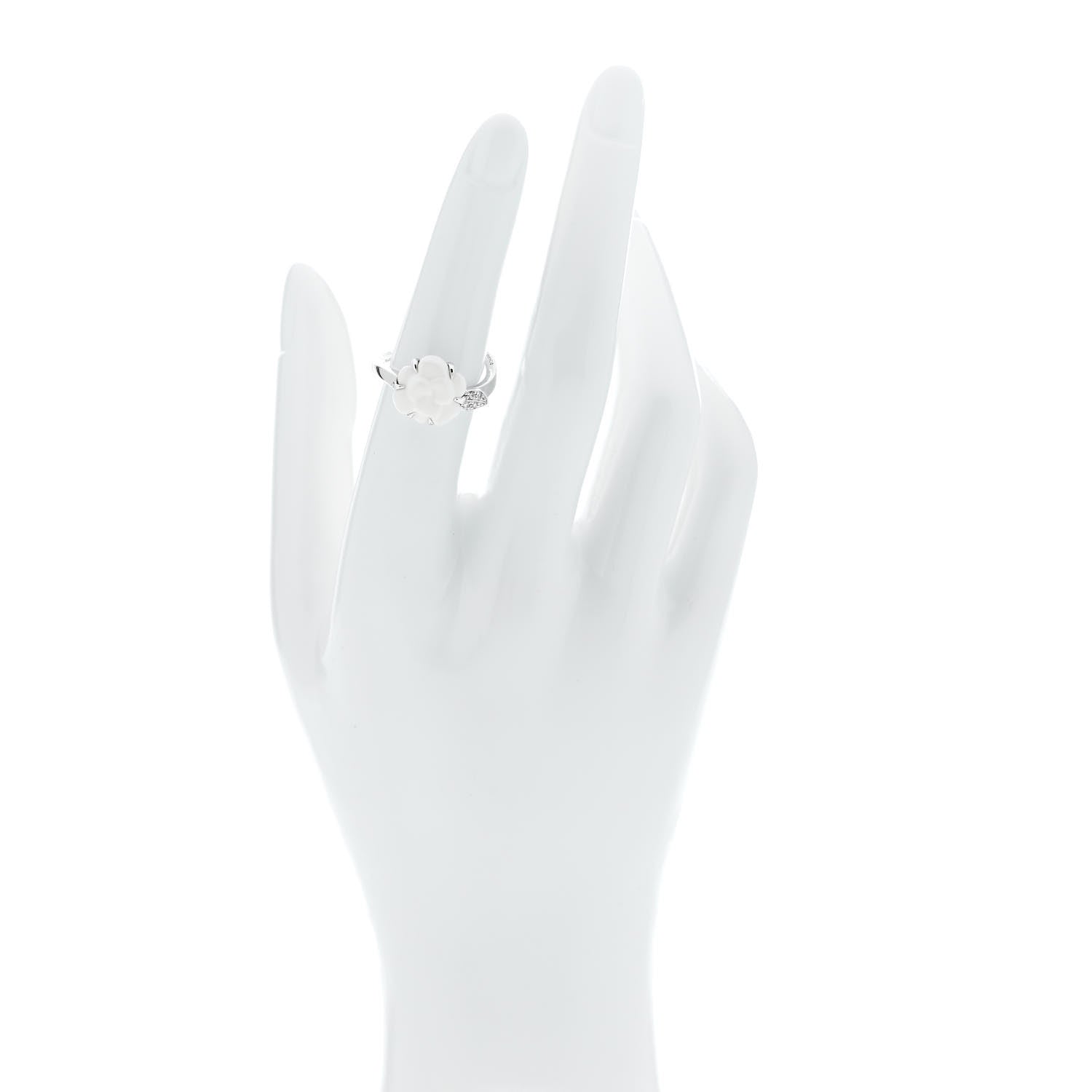 Chanel 18K White Gold Diamond Agate Camellia Ring 52 6 2 of 6
