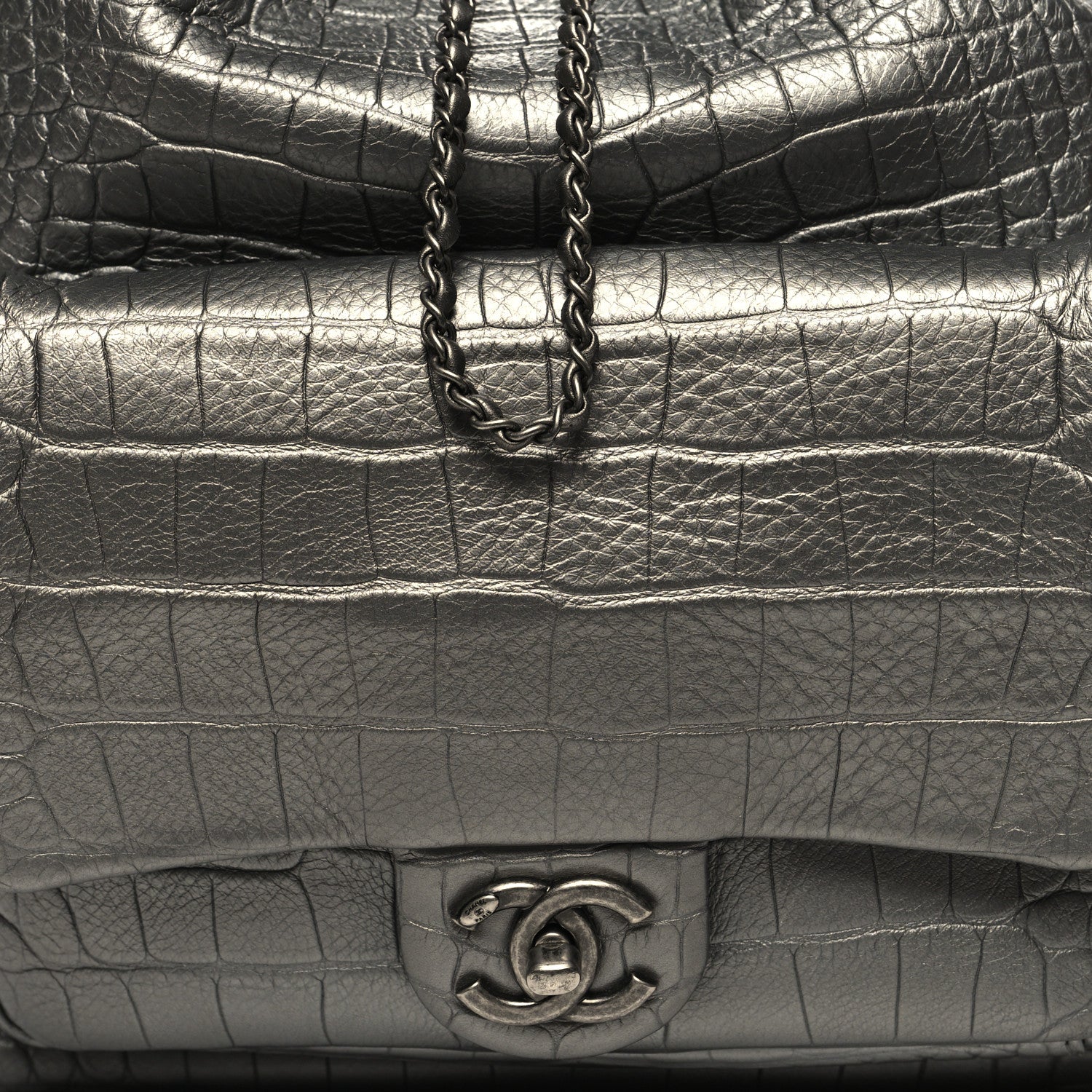 Chanel Metallic Calfskin Crocodile Embossed Large Backpack Silver 8 of 10