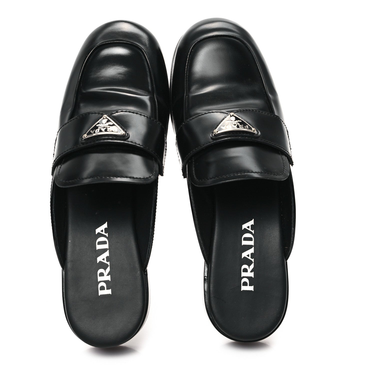 Prada City Calfskin Metal Triangle Logo 20mm Flat Mules 37 Black 2 of 9