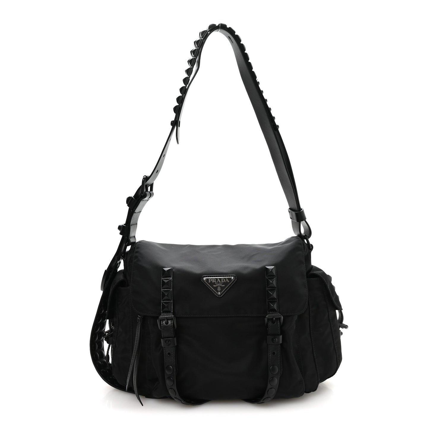 Nylon New Vela Studded Messenger Bag Black