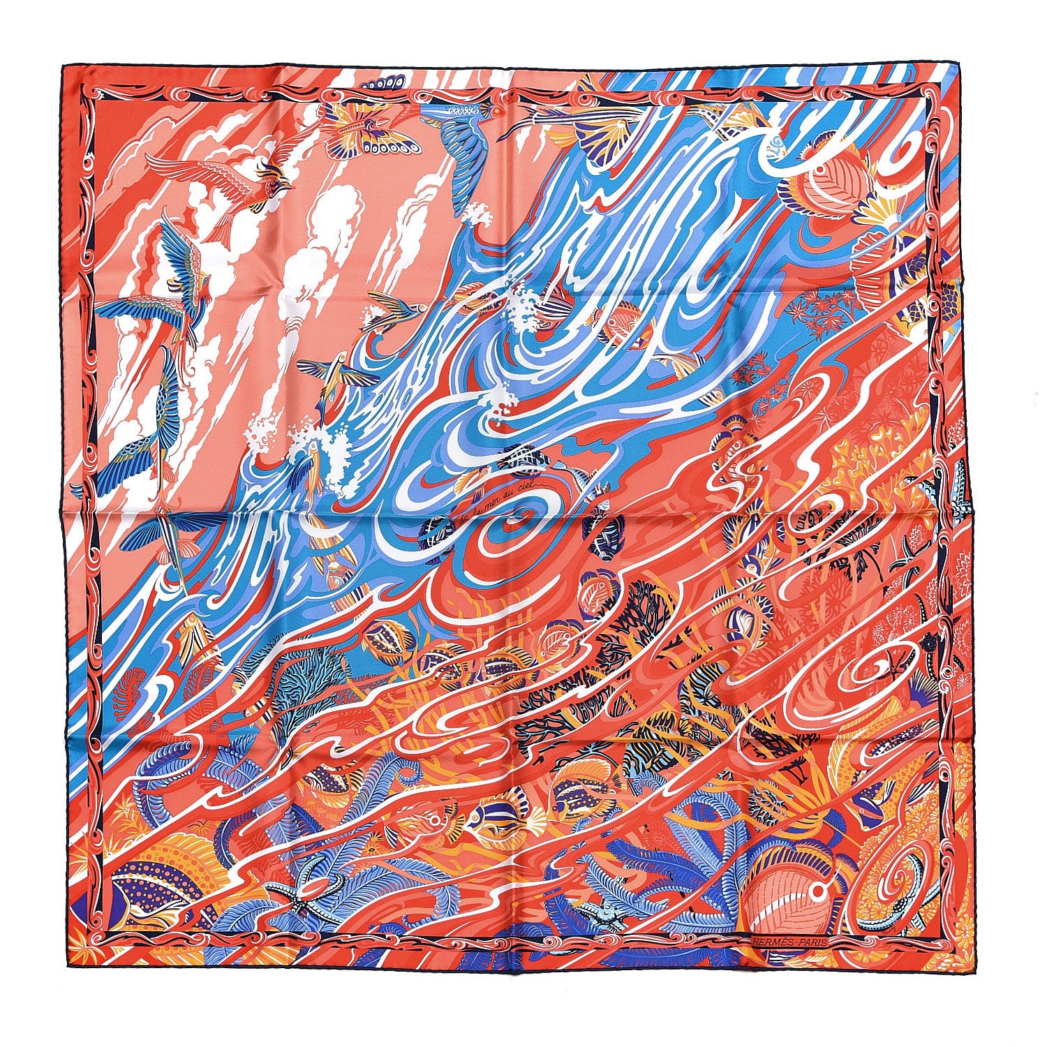 Hermes Silk De la Mer Au Ciel Scarf 90 Rouge Cobalt Saumon 1 of 4