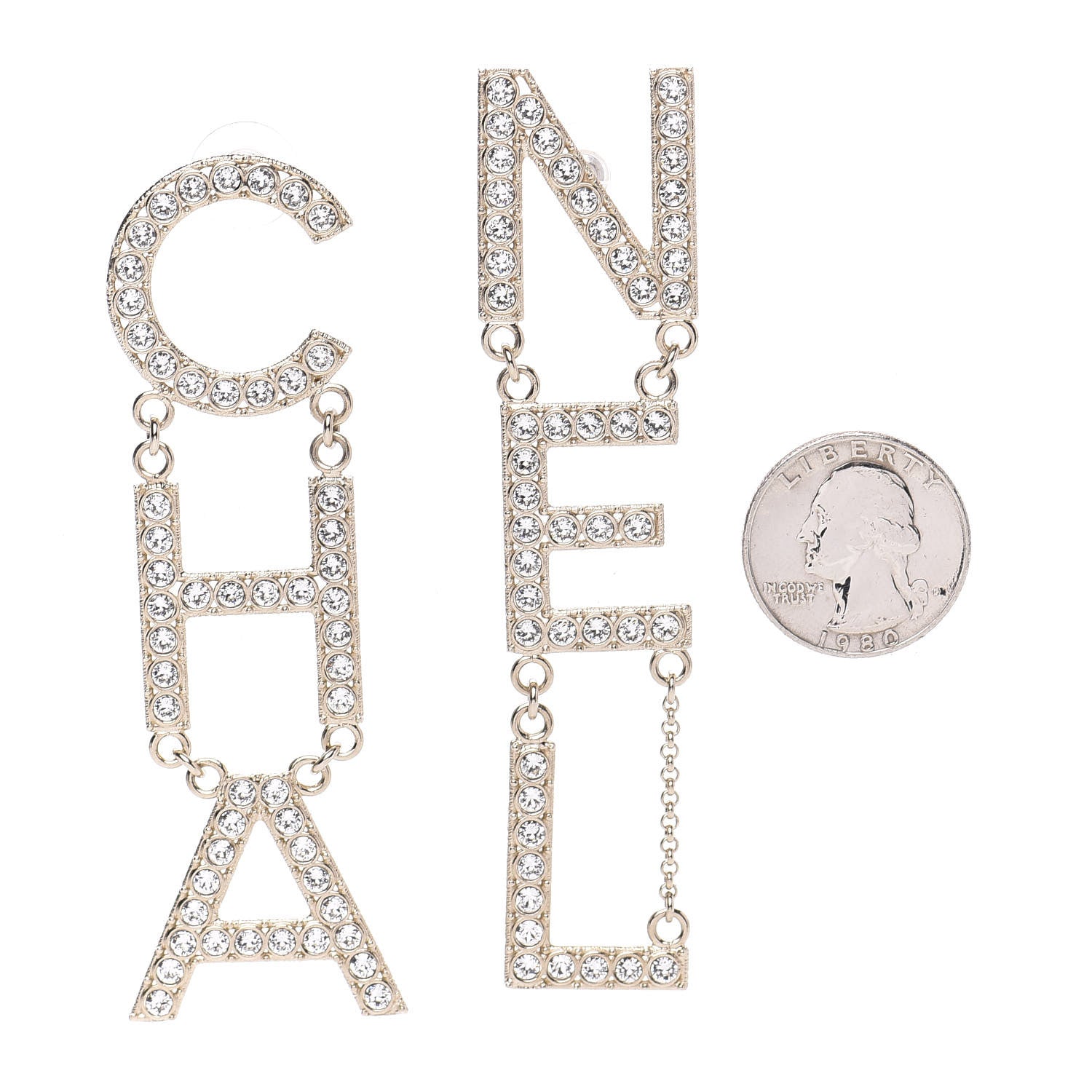 Chanel Crystal Cha-Nel Logo Drop Earrings Gold 2 of 5