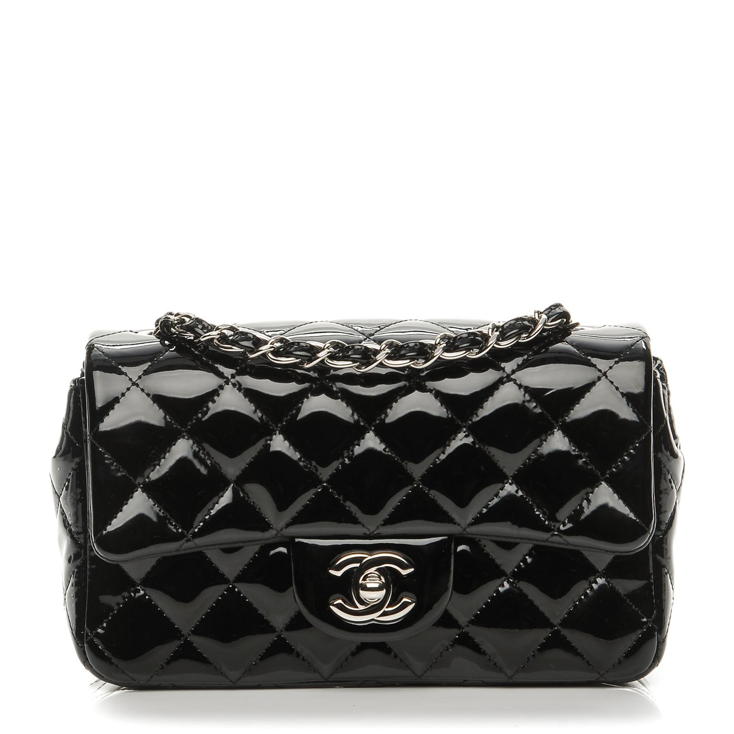 Patent Calfskin Quilted Mini Rectangular Flap Black