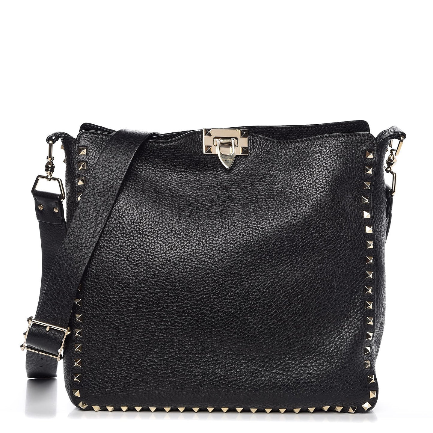 Pebbled Calfskin Large Rockstud Flip-Lock Messenger Bag Black