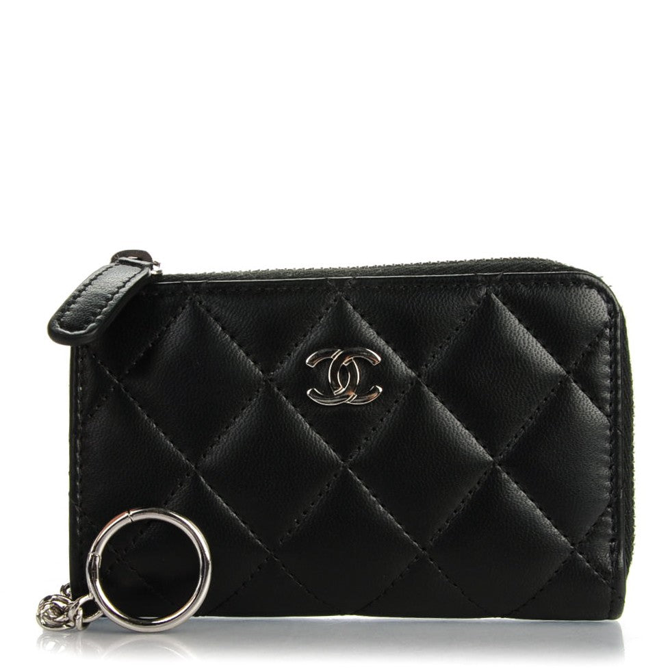 Lambskin Quilted Key Holder Case Black